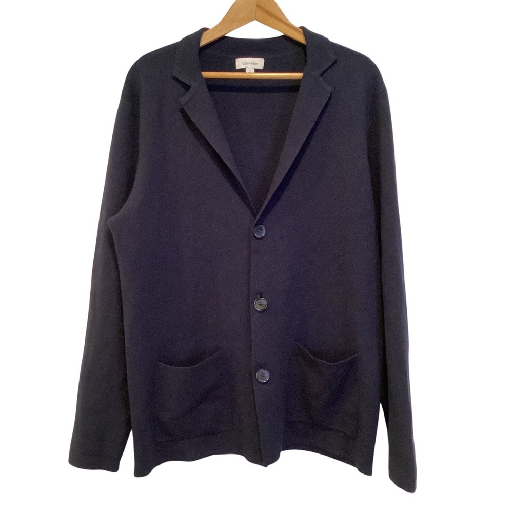 Calvin Klein Mens Cardigan Sweater - Medium - Collar Button Pockets Navy Blue